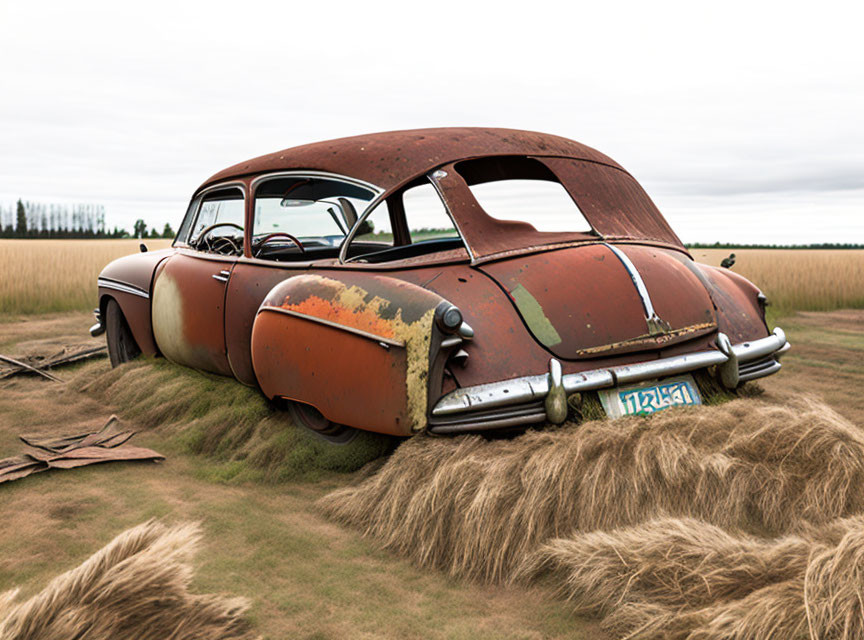 Abandoned vintage car with peeling paint in grassy field