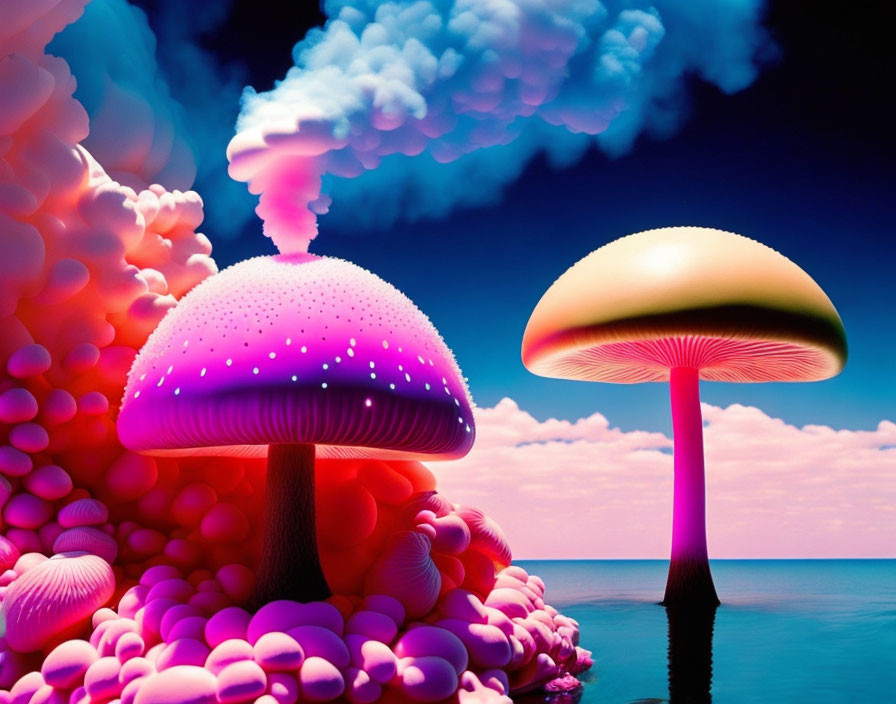 Vibrant surreal landscape: oversized glowing mushrooms in pink and blue hues