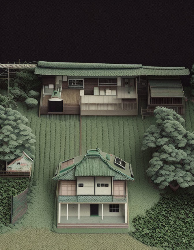 Detailed miniature model of traditional house with green roof in meticulous landscaping