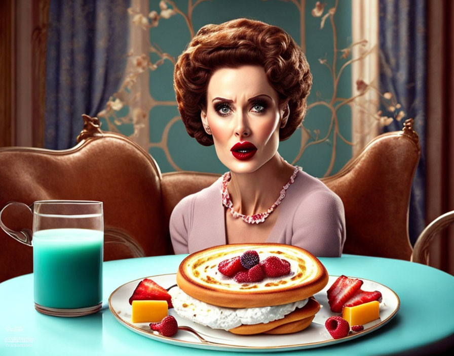 Vintage-styled woman with elegant makeup enjoying pancakes and blue drink at table