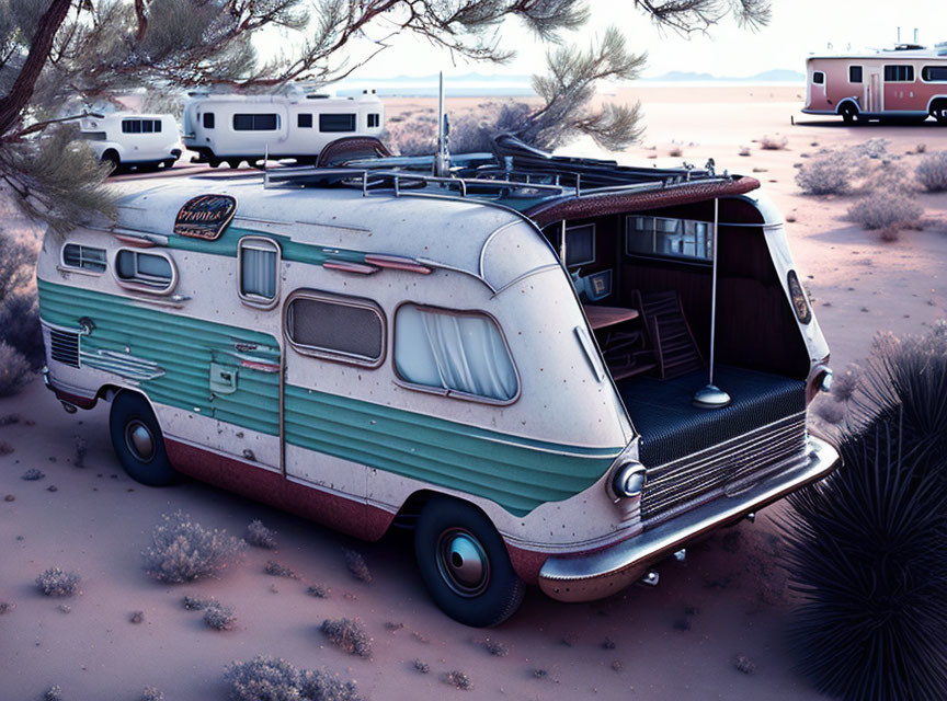 Vintage Camper Buses with Retro Designs in Desert Landscape