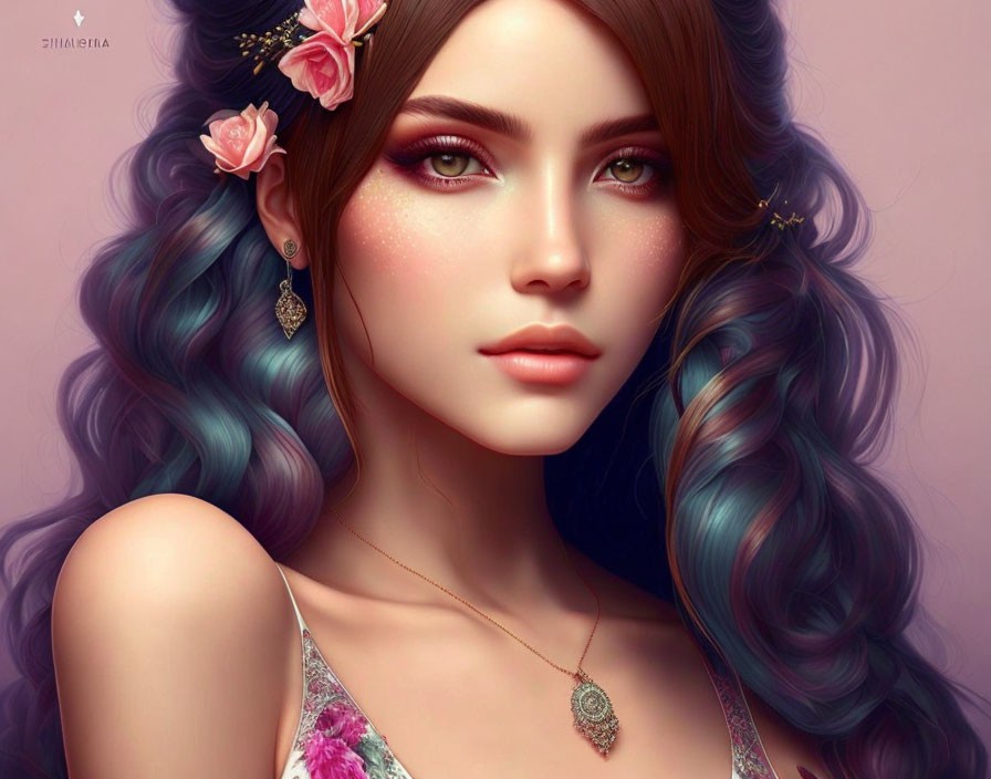 Portrait of woman with blue wavy hair, floral accessories, and sparkling makeup