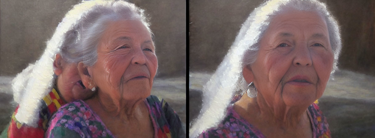 Elderly woman with white hair and colorful blouse smiling gently