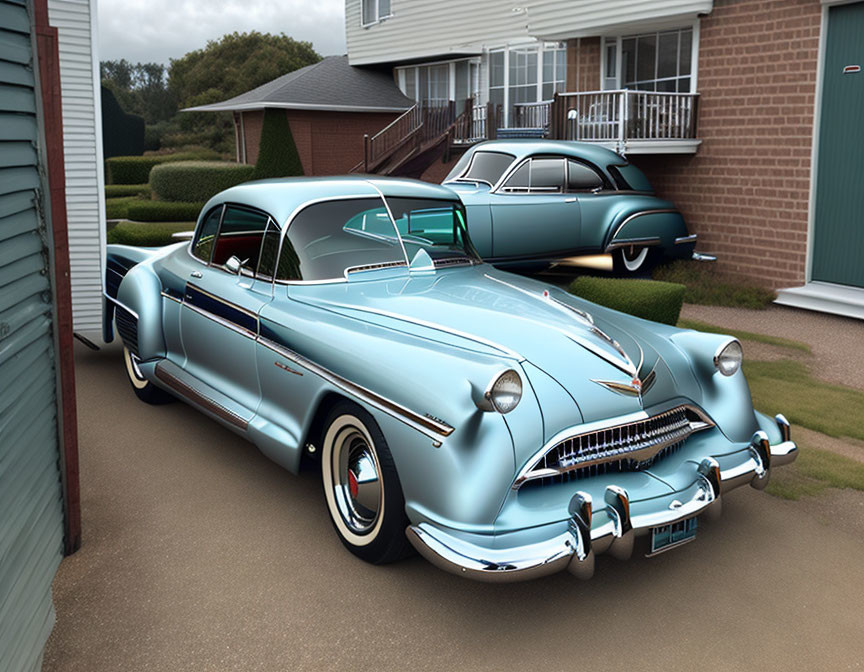 Classic Blue Cars Parked Outside House with Brick Facade