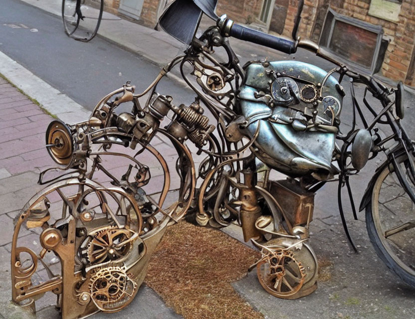 Metal sculpture of humanoid figure on bicycle made from gears & scraps