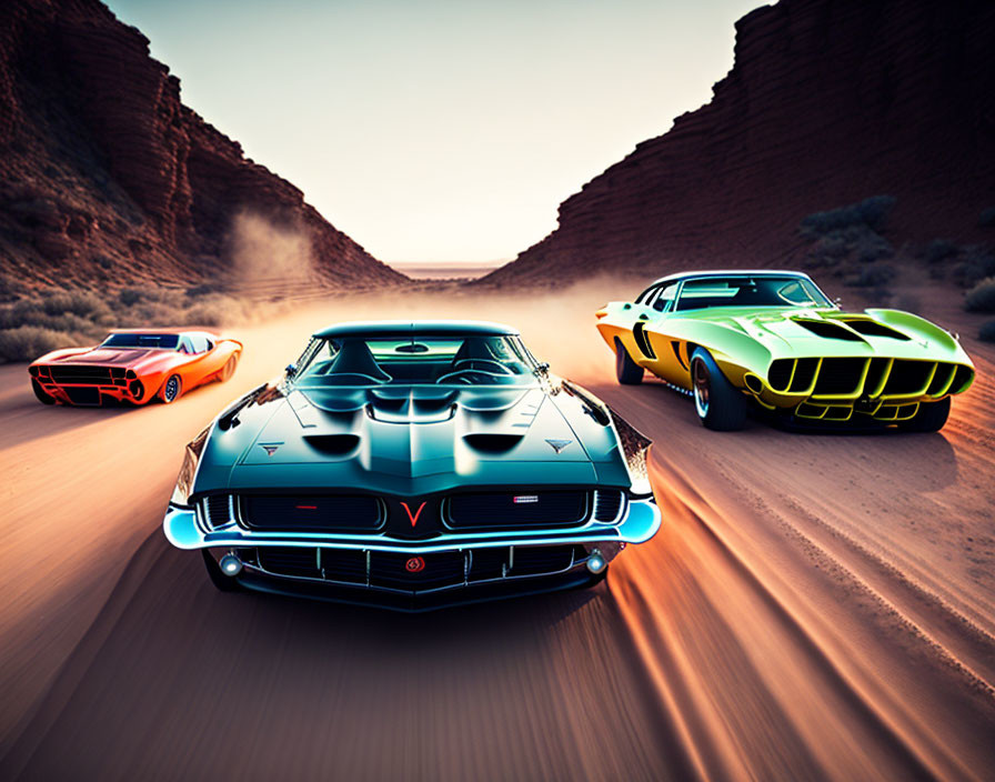 Three muscle cars racing in desert canyon: blue car in lead, orange and green cars on sides