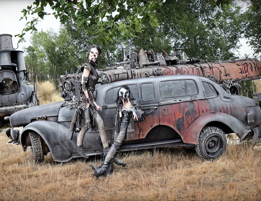 Post-apocalyptic individuals near modified vehicle in dystopian setting