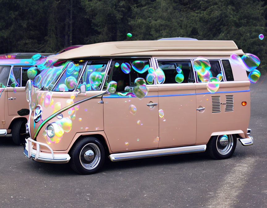 Vintage Beige Vans with Reflective Bubbles on Asphalt Road