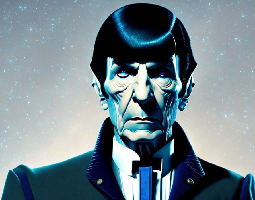 Male character in blue and black uniform with pointed ears in sci-fi illustration