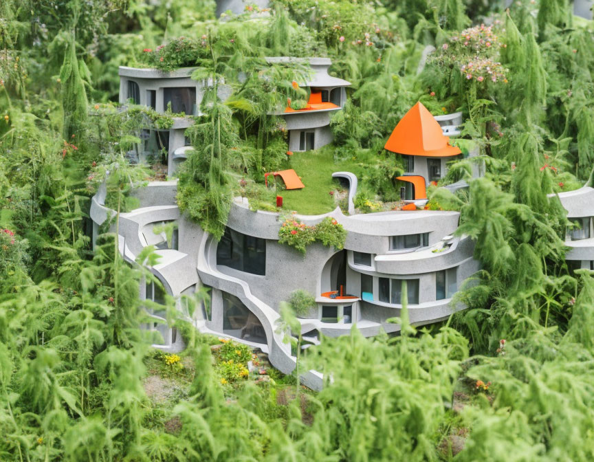 Eco-friendly architecture model with green plants and orange umbrella in garden setting