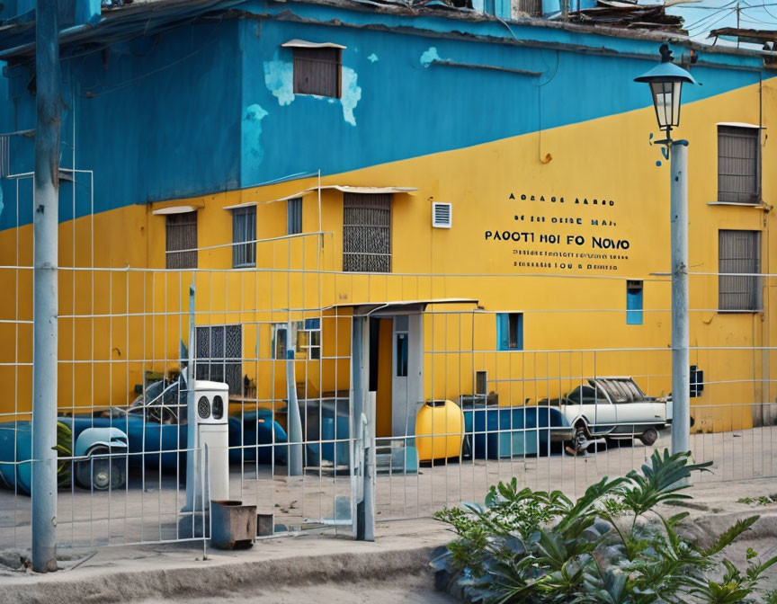 Weathered blue and yellow building with metal fence and gas pump in foreground