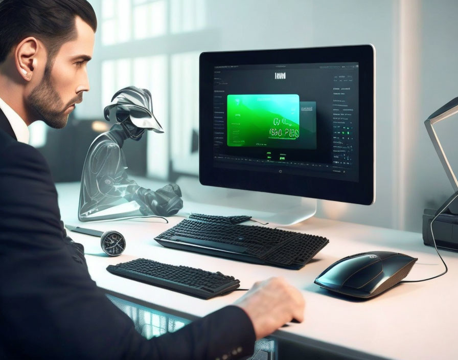 Professional man at desk with dual monitors and robotic figure.