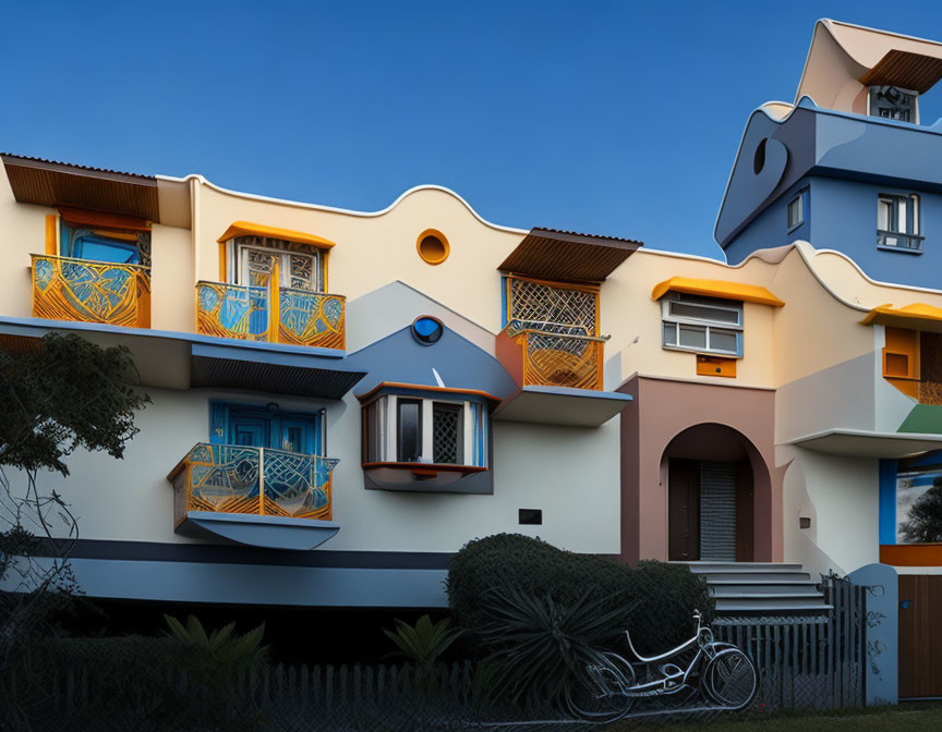 Multicolored whimsical architectural design with ornate balconies and surreal appearance