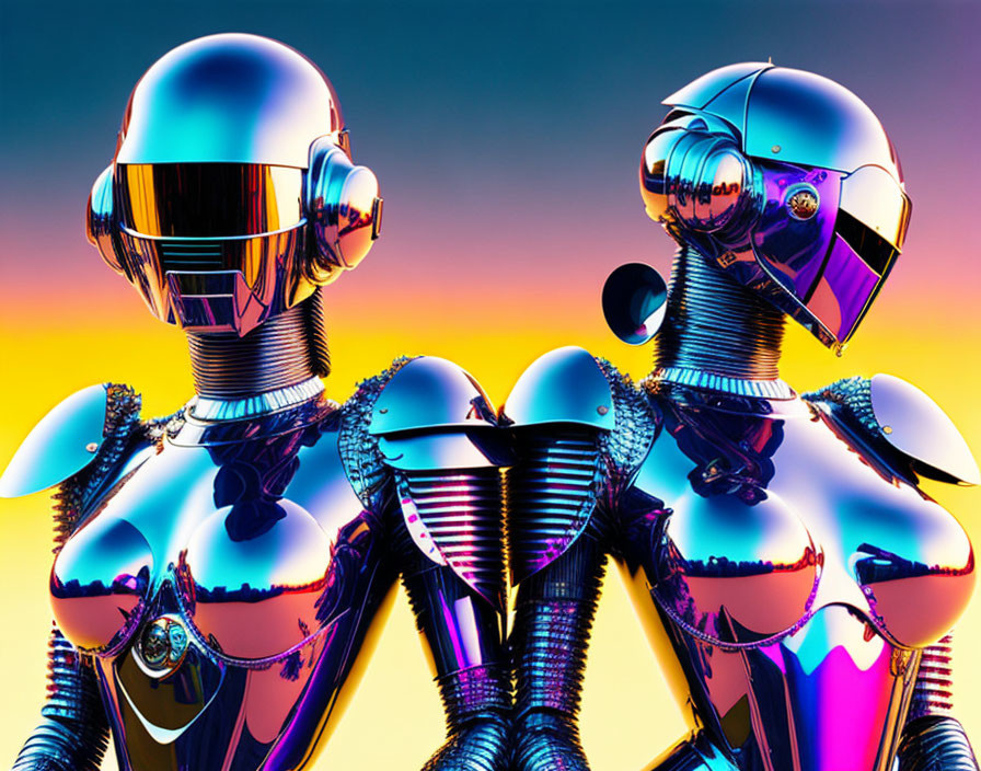 Futuristic robots with reflective metallic surfaces on vibrant background