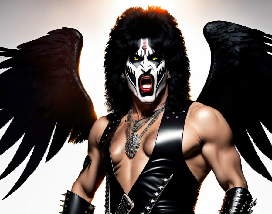 Person with black and white demon face paint and spread wings in studded leather outfit