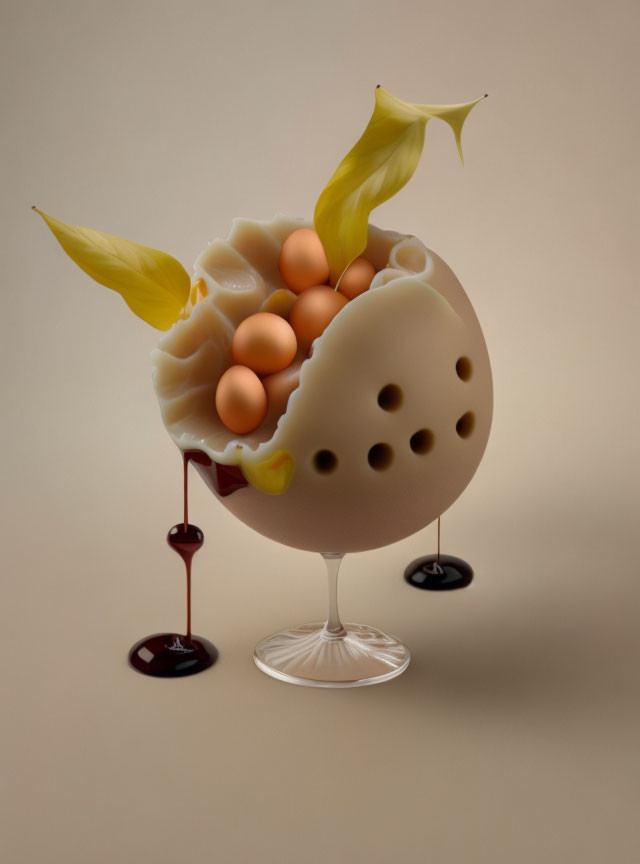 Surrealistic goblet image with porous egg-like top, spheres, drips, and yellow