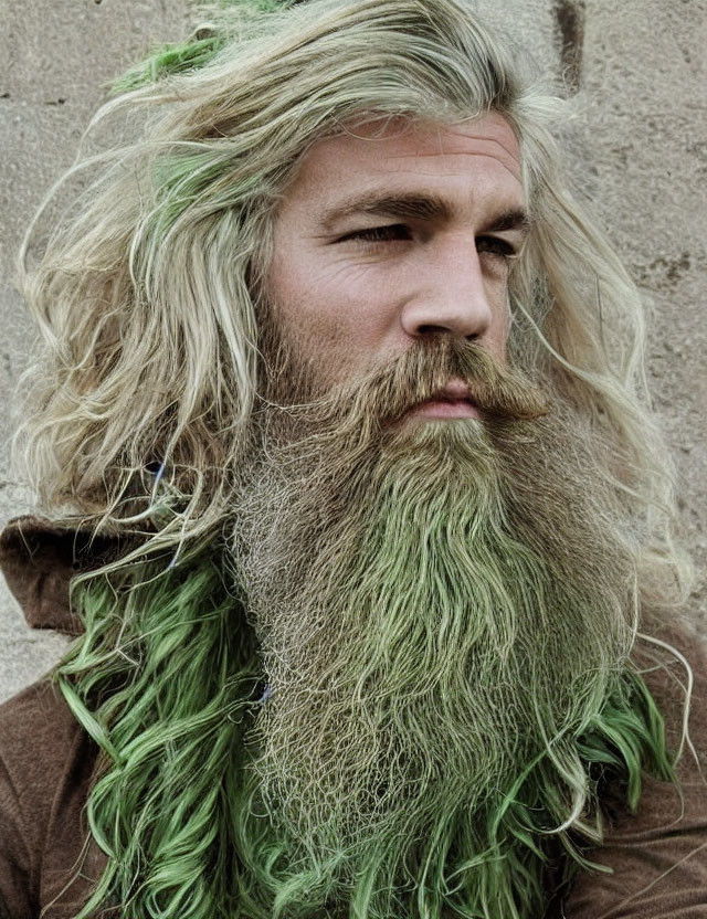 Man with Long Wavy Green Hair and Bushy Beard in Brown Hoodie on Grey Background