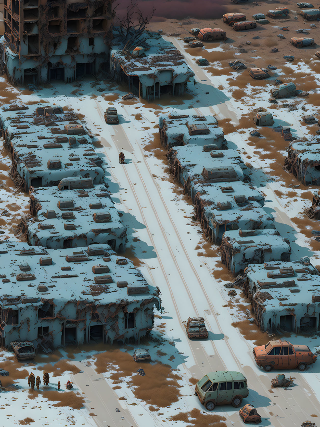 Desolate post-apocalyptic scene with snow-covered streets and survivors.