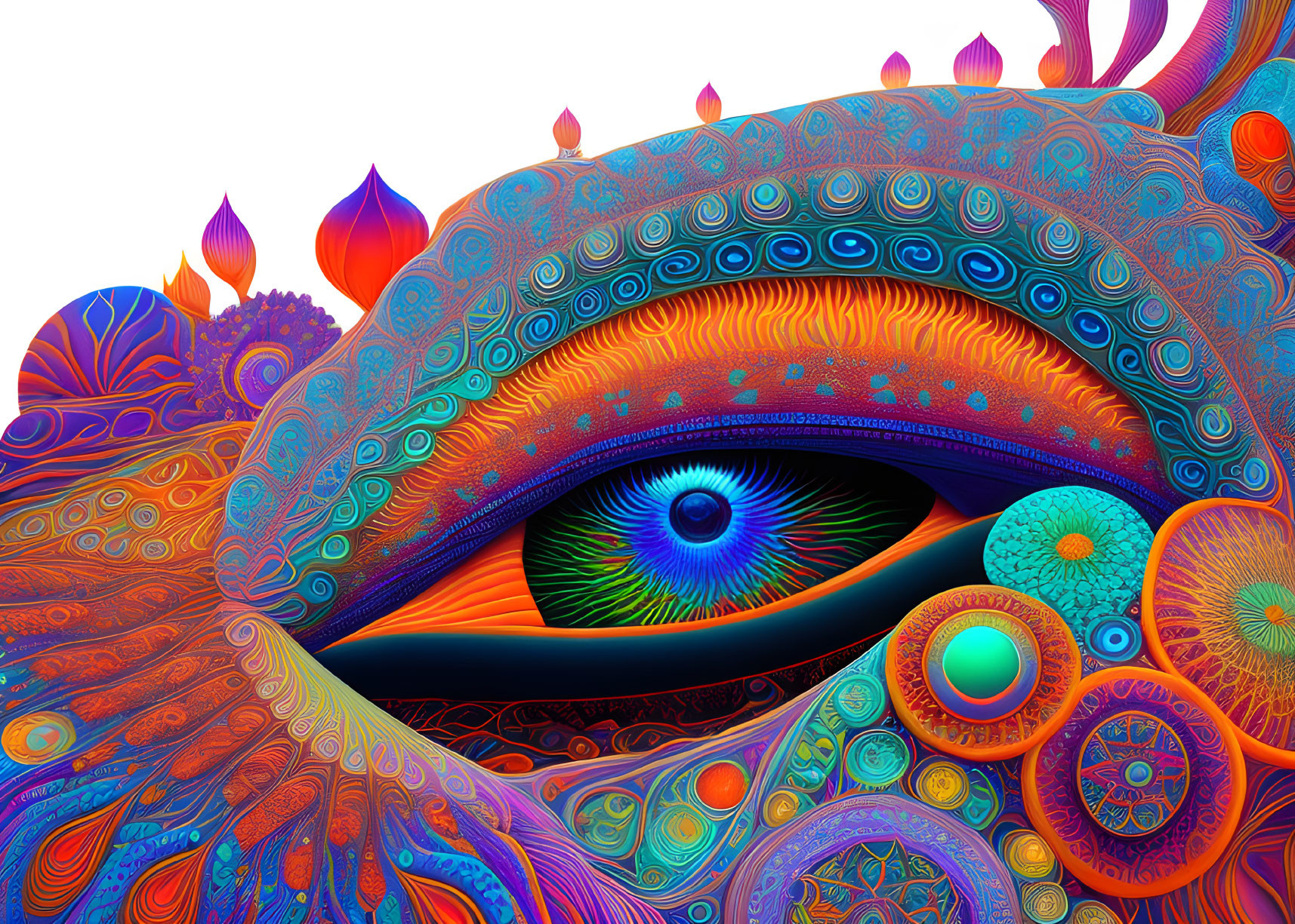 Detailed Psychedelic Eye Surrounded by Colorful Flame-like Patterns