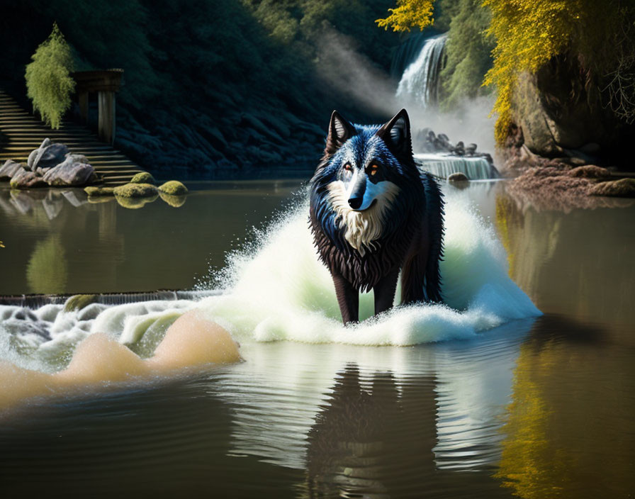 Blue-furred wolf emerging from lake with waterfall and classical architecture.