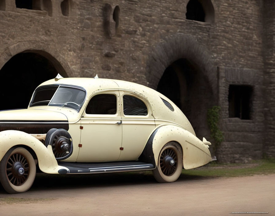 Cream vintage car near stone castle with arched doorways