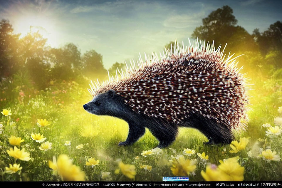 Hedgehog in vibrant field of yellow flowers under sunny sky