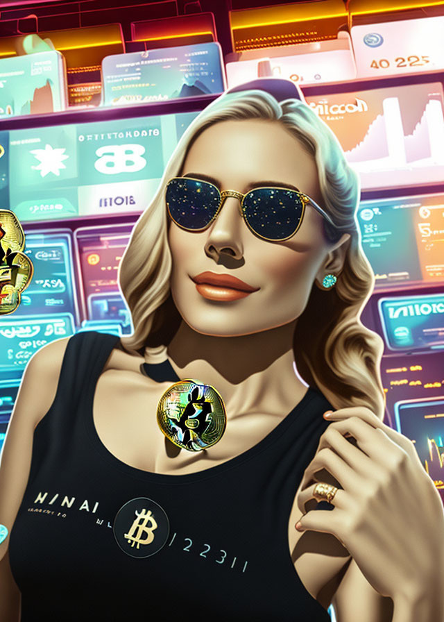 Colorful cryptocurrency-themed woman with sunglasses and Bitcoin necklace