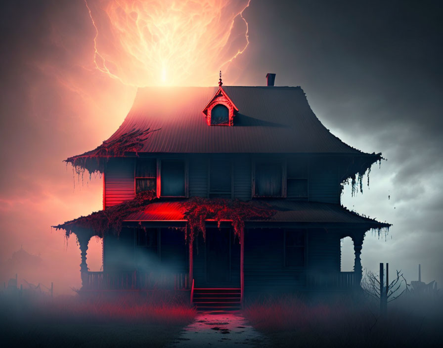 Eerie image of old house under stormy sky with lightning