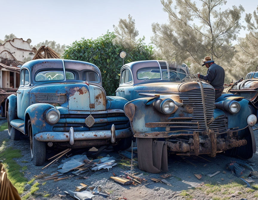 Person between vintage blue cars in scrapyard.