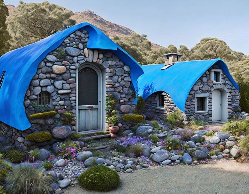 Stone houses with blue roofs in scenic mountain landscape