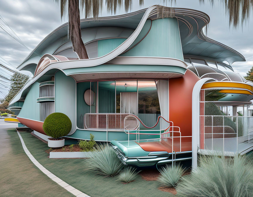 Unique Retro-Futuristic House with Curved Lines and Pastel Colors