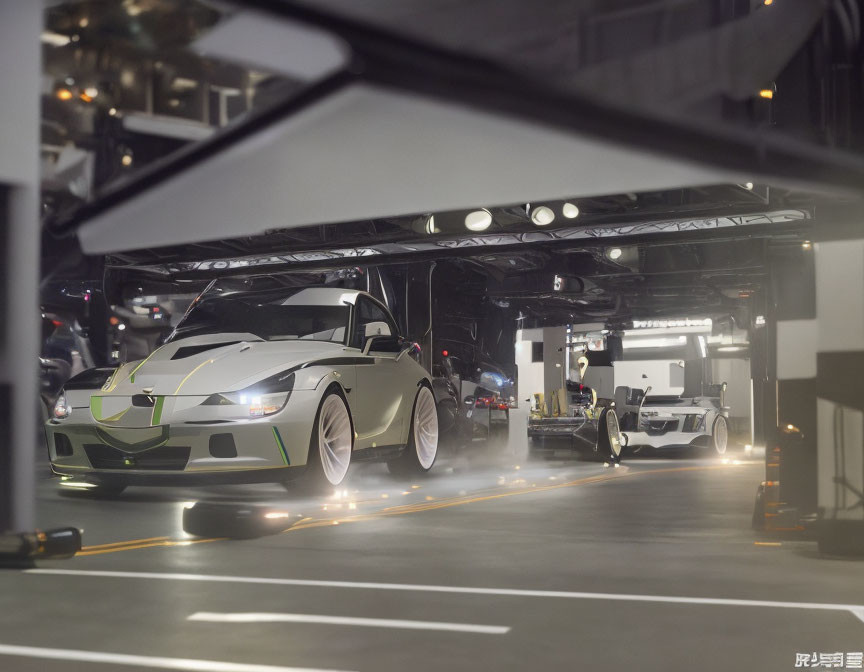 Green and White Sports Car Parked in Modern Garage