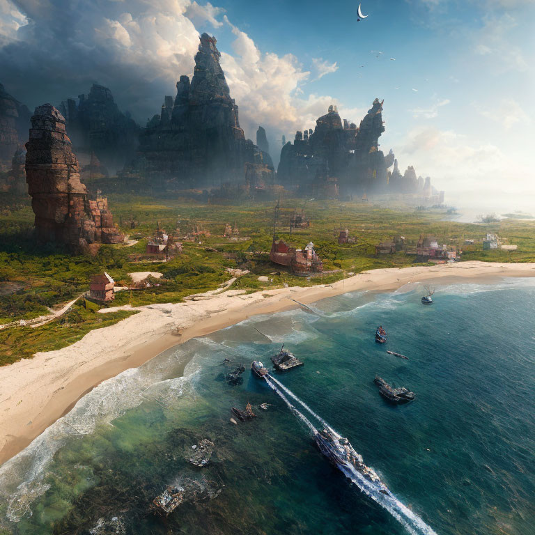 Fantasy coastal landscape with towering rocks, beach, ancient buildings, hazy sky, floating islands,