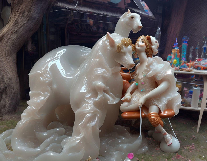 Colorful indoor scene: Woman resting on polar bear figurine