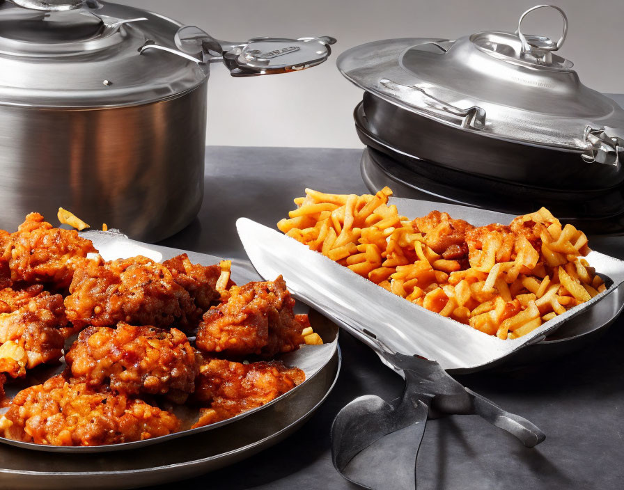 Crispy fried chicken and golden fries on metal dishes