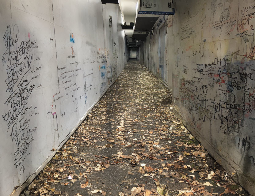 Graffiti-covered hallway with fallen leaves and dimly lit area