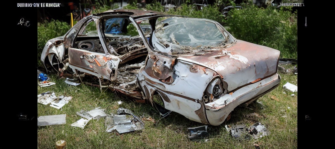 Rusted, Abandoned Car in Overgrown Field with Debris