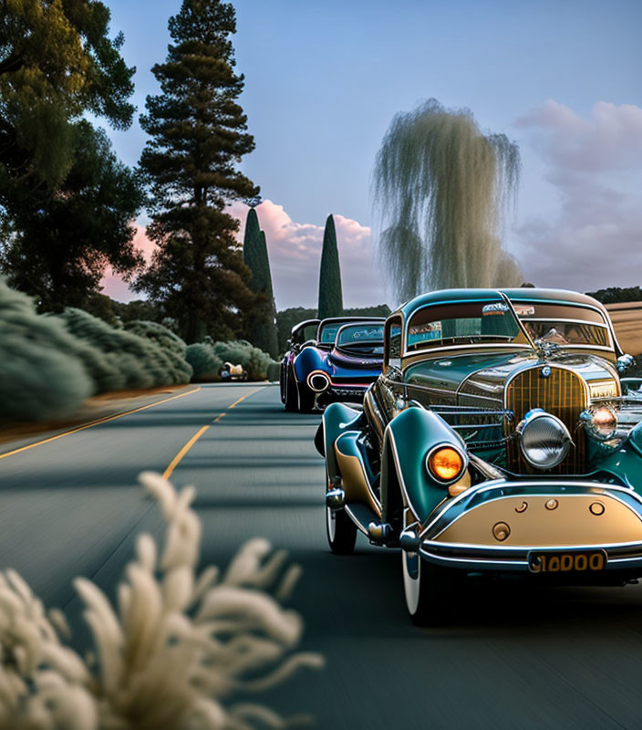 Classic cars on tree-lined road at sunset with soft-focus plants