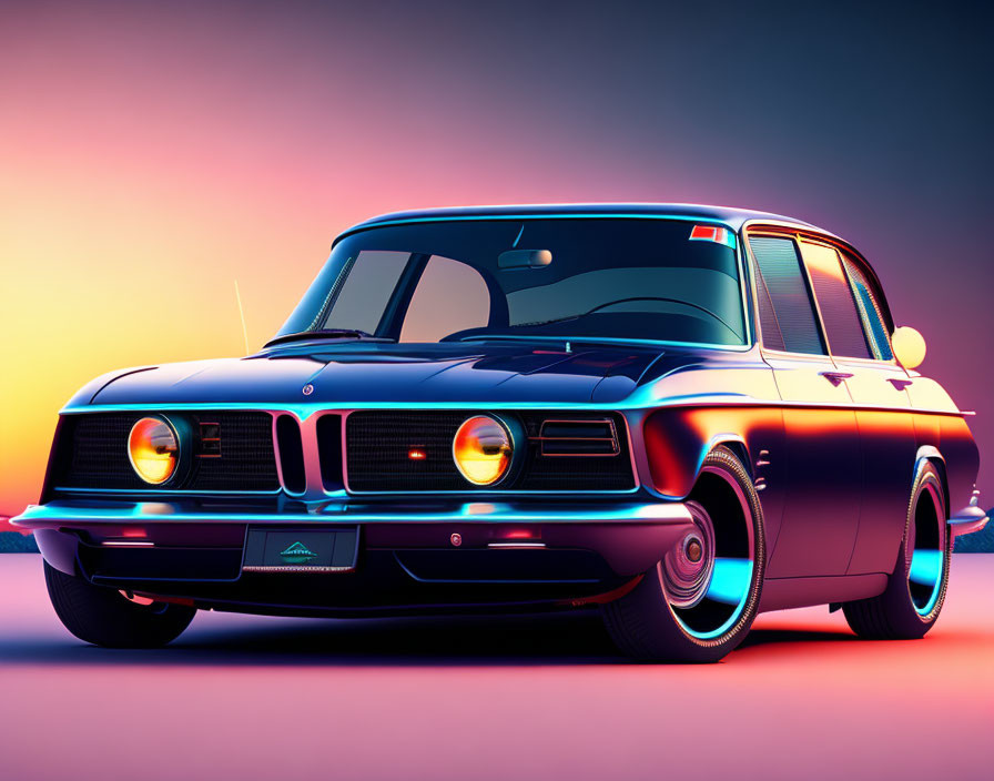 Vintage Blue Car with Illuminated Headlights and Underglow on Gradient Pink-Orange Background