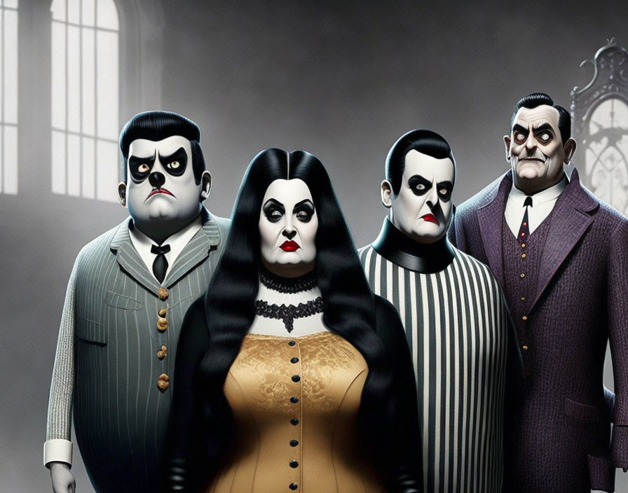 Gothic animated family characters in front of foggy mansion