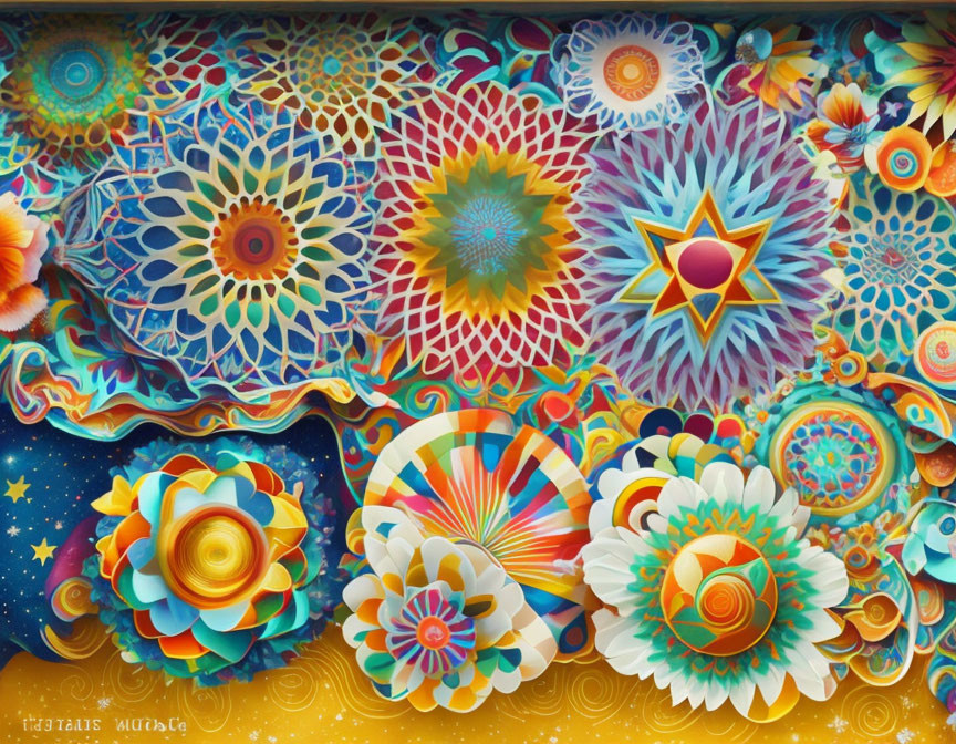 Colorful mural with intricate floral and psychedelic designs on a cosmic backdrop