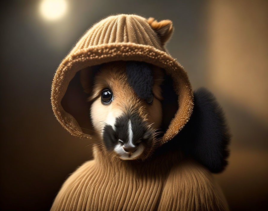 Adorable Guinea Pig in Brown Knitted Hat and Sweater