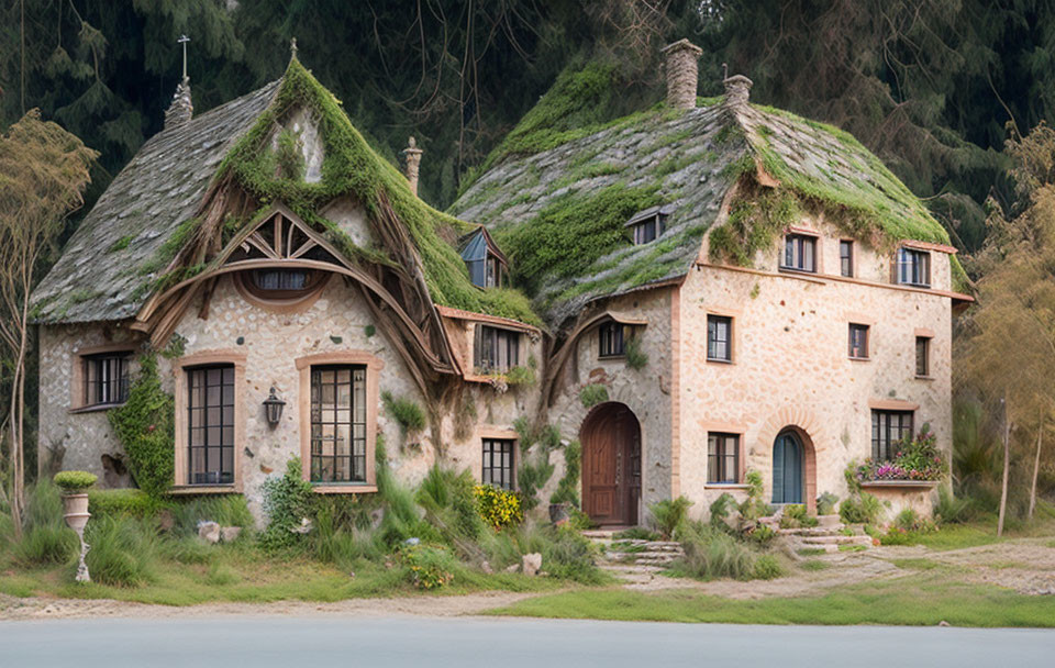 Stone cottages with moss-covered roofs in lush green setting