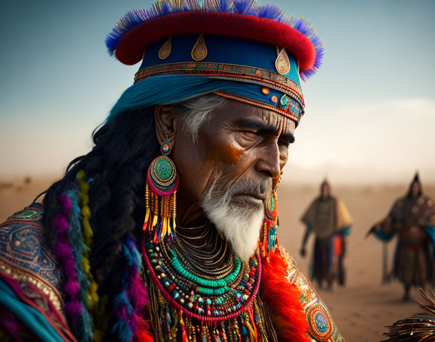 Elder with Colorful Headdress and Traditional Jewelry in Desert Scene