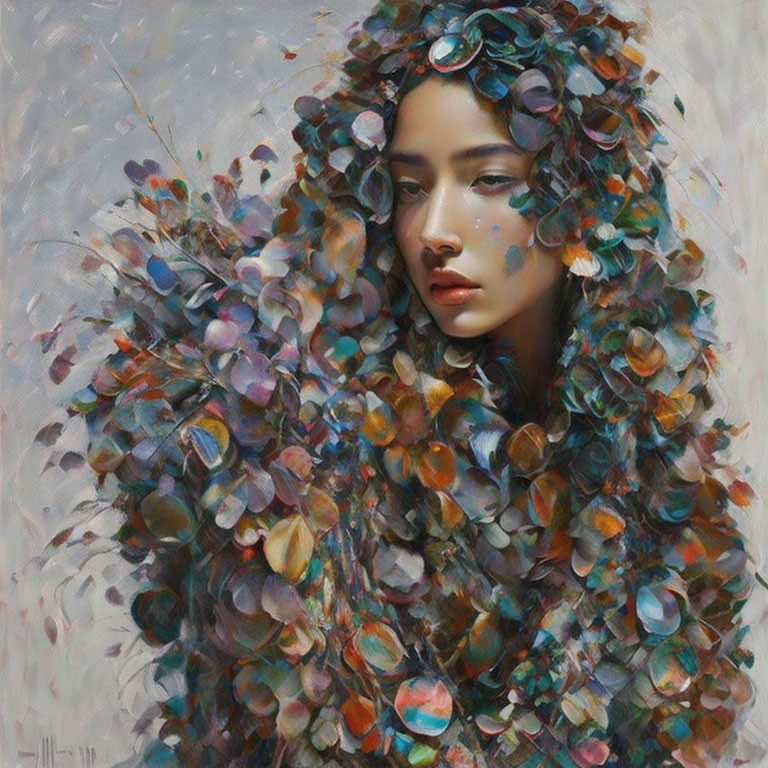 Portrait of woman with colorful petal-like textures and contemplative expression