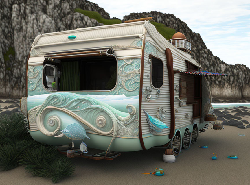 Ornate Caravan with Sea Creature Motifs on Rocky Beach