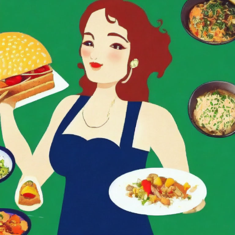 Smiling woman with plate of food and hamburger on green background