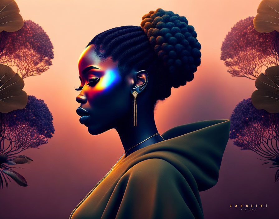 Colorful light portrait of a woman with elaborate braid in digital art.