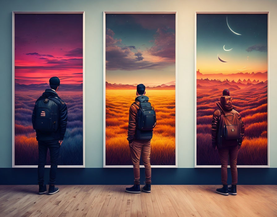 Three people viewing artworks of dawn, daylight, and night landscapes.