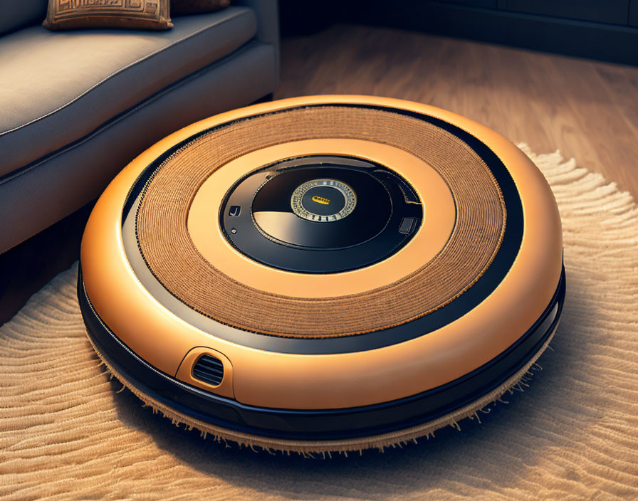 Orange Robotic Vacuum Cleaner Cleaning Beige Carpet in Modern Living Room